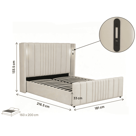 Cama de casal com baú em tecido e candeeiros integrados > - 160 x 200 cm - Bege Cama de casal com baú em tecido e candeeiros integrados > - 160 x 200 cm - Bege