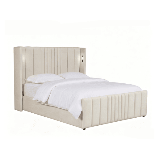 Cama de casal com baú em tecido e candeeiros integrados > - 140 x 190 cm - Bege Cama de casal com baú em tecido e candeeiros integrados > - 140 x 190 cm - Bege