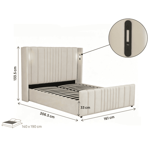 Cama de casal com baú em tecido e candeeiros integrados > - 140 x 190 cm - Bege Cama de casal com baú em tecido e candeeiros integrados > - 140 x 190 cm - Bege