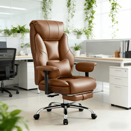 Cadeira de escritório com encosto alto - Design ergonómico para escritório e computador - Castanho