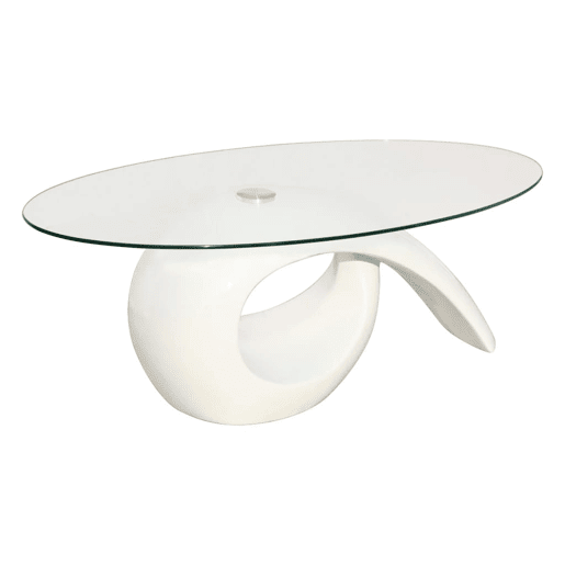 Mesa de Centro, Mesa baixa com tampo oval de vidro, branco brilhante