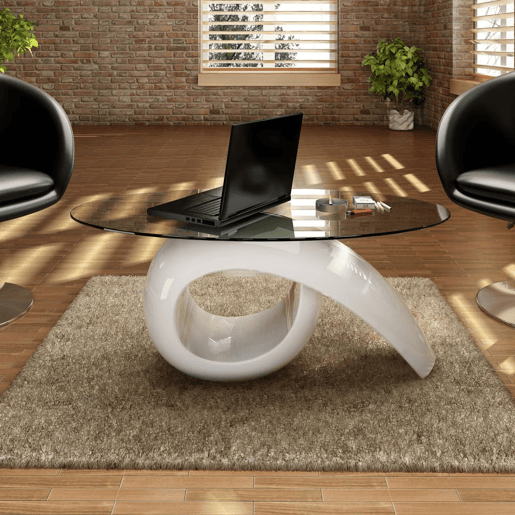 Mesa de Centro, Mesa baixa com tampo oval de vidro, branco brilhante