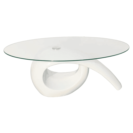 Mesa de Centro, Mesa baixa com tampo oval de vidro, branco brilhante