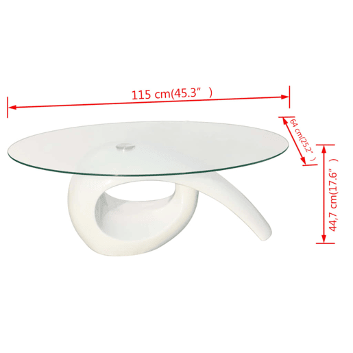 Mesa de Centro, Mesa baixa com tampo oval de vidro, branco brilhante