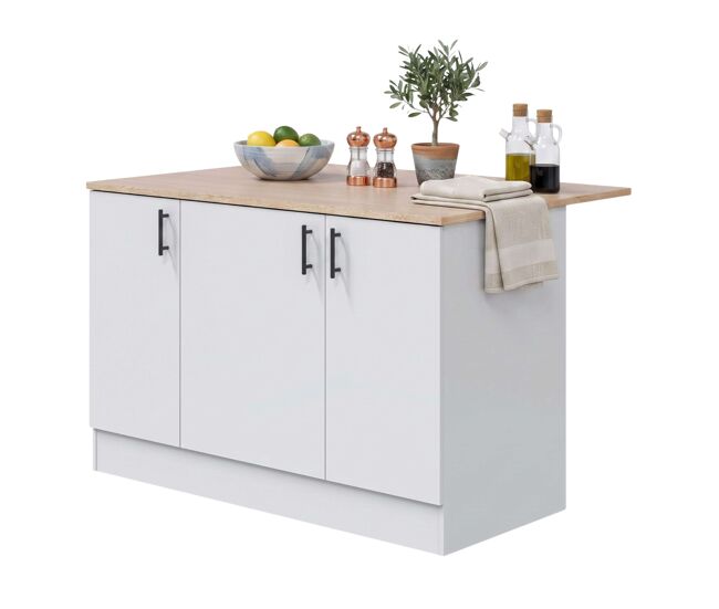 Isla de Cocina Kira, 3 Puertas, Estantes Regulables Blanco Brillo y Roble Canadian