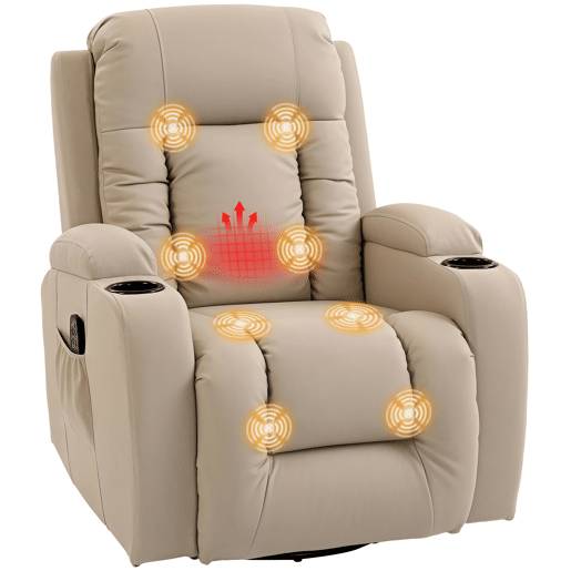 Poltrona giratória com massagem, reclinável, com 8 pontos de massagem e função de aquecimento, 82x99x103 cm, cor creme. Poltrona giratória com massagem, reclinável, com 8 pontos de massagem e função de aquecimento, 82x99x103 cm, cor creme.