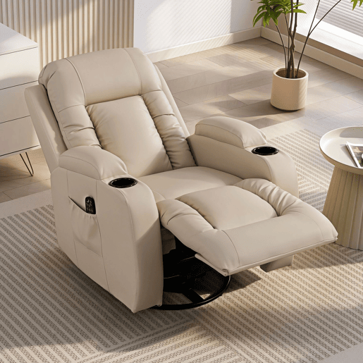 Poltrona giratória com massagem, reclinável, com 8 pontos de massagem e função de aquecimento, 82x99x103 cm, cor creme. Poltrona giratória com massagem, reclinável, com 8 pontos de massagem e função de aquecimento, 82x99x103 cm, cor creme.