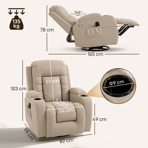 Poltrona giratória com massagem, reclinável, com 8 pontos de massagem e função de aquecimento, 82x99x103 cm, cor creme. Poltrona giratória com massagem, reclinável, com 8 pontos de massagem e função de aquecimento, 82x99x103 cm, cor creme.