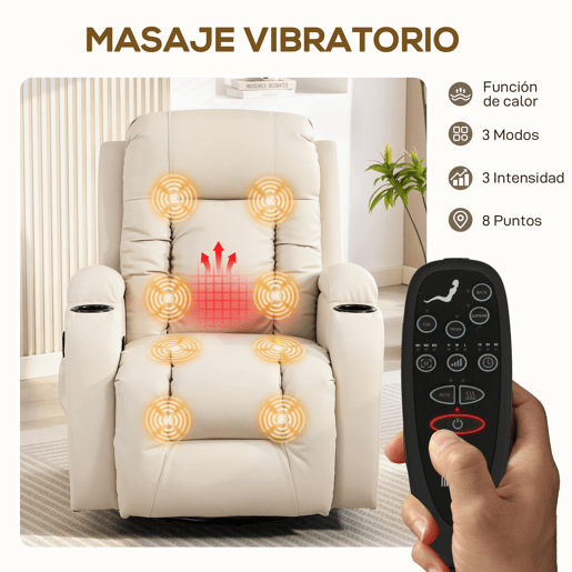 Poltrona giratória com massagem, reclinável, com 8 pontos de massagem e função de aquecimento, 82x99x103 cm, cor creme. Poltrona giratória com massagem, reclinável, com 8 pontos de massagem e função de aquecimento, 82x99x103 cm, cor creme.