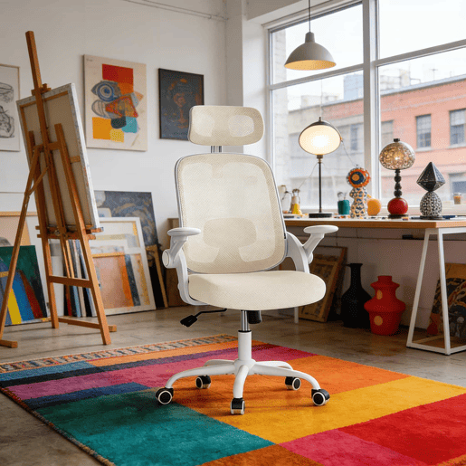 Cadeira de escritório 63,5 x 47 x 117,5 cm - encosto alto, ergonómica, cadeira de computador e de conferência - bege