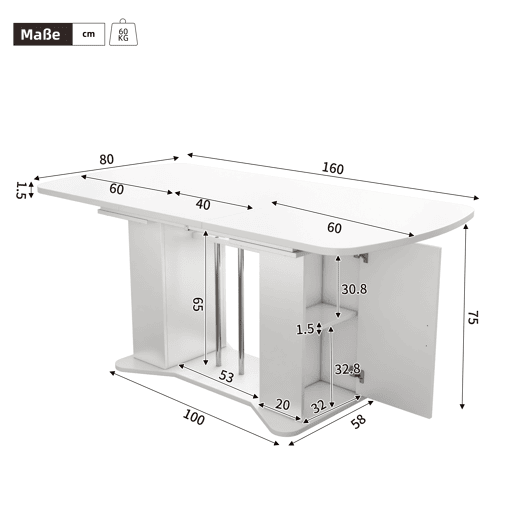 Mesa de jantar extensível retangular 120-160máx cm de mdf,branco Mesa de jantar extensível retangular 120-160máx cm de mdf,branco