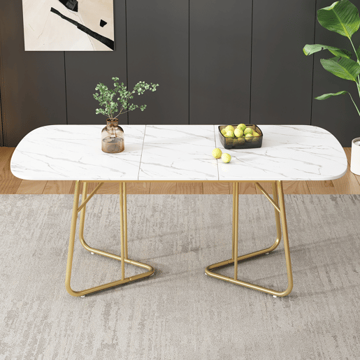 Mesa de jantar extensível retangular 140-180máx cm de mdf,branco+dourado