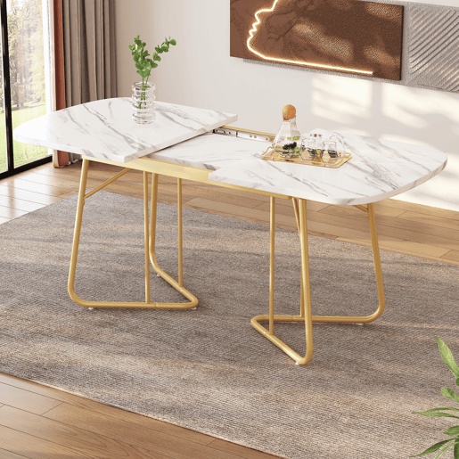 Mesa de jantar extensível retangular 140-180máx cm de mdf,branco+dourado