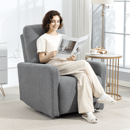 Poltrona Relax com reclinação manual até 135º, apoios de braço, apoio para os pés acolchoado e função de balanço de 360°, cinza. Poltrona Relax com reclinação manual até 135º, apoios de braço, apoio para os pés acolchoado e função de balanço de 360°, cinza.