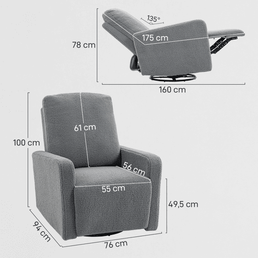 Poltrona Relax com reclinação manual até 135º, apoios de braço, apoio para os pés acolchoado e função de balanço de 360°, cinza. Poltrona Relax com reclinação manual até 135º, apoios de braço, apoio para os pés acolchoado e função de balanço de 360°, cinza.