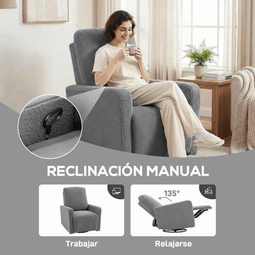 Poltrona Relax com reclinação manual até 135º, apoios de braço, apoio para os pés acolchoado e função de balanço de 360°, cinza. Poltrona Relax com reclinação manual até 135º, apoios de braço, apoio para os pés acolchoado e função de balanço de 360°, cinza.