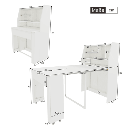 Mesa de jantar extensível retangular 52-132,5máx cm de painel de partículas,branco Mesa de jantar extensível retangular 52-132,5máx cm de painel de partículas,branco
