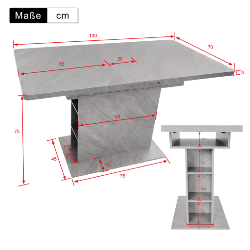 Mesa de jantar extensível retangular 110-130máx cm de painel de partículas,cinza Mesa de jantar extensível retangular 110-130máx cm de painel de partículas,cinza