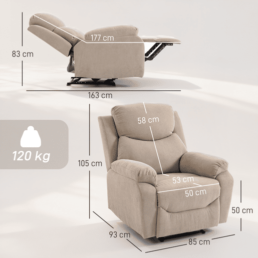 Poltrona reclinável manual de 150°, estofada em tecido com aparência de linho, com apoio para os pés e braços acolchoados, na cor bege. Poltrona reclinável manual de 150°, estofada em tecido com aparência de linho, com apoio para os pés e braços acolchoados, na cor bege.