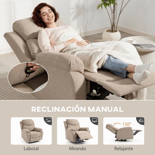 Poltrona reclinável manual de 150°, estofada em tecido com aparência de linho, com apoio para os pés e braços acolchoados, na cor bege. Poltrona reclinável manual de 150°, estofada em tecido com aparência de linho, com apoio para os pés e braços acolchoados, na cor bege.