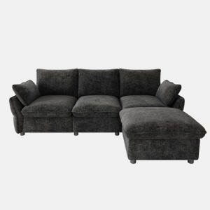 Sofá de canto 222,5 × 154,5 cm - 3 lugares com chaise longue e otomana em chenille para a sala de estar - Cinza escuro