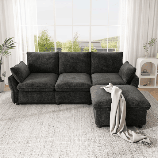 Sofá de canto 222,5 × 154,5 cm - 3 lugares com chaise longue e otomana em chenille para a sala de estar - Cinza escuro Sofá de canto 222,5 × 154,5 cm - 3 lugares com chaise longue e otomana em chenille para a sala de estar - Cinza escuro
