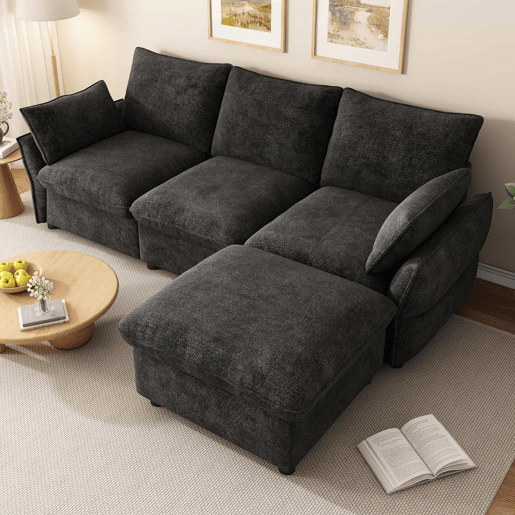 Sofá de canto 222,5 × 154,5 cm - 3 lugares com chaise longue e otomana em chenille para a sala de estar - Cinza escuro Sofá de canto 222,5 × 154,5 cm - 3 lugares com chaise longue e otomana em chenille para a sala de estar - Cinza escuro