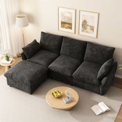 Sofá de canto 222,5 × 154,5 cm - 3 lugares com chaise longue e otomana em chenille para a sala de estar - Cinza escuro Sofá de canto 222,5 × 154,5 cm - 3 lugares com chaise longue e otomana em chenille para a sala de estar - Cinza escuro