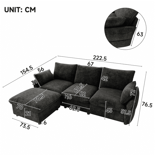 Sofá de canto 222,5 × 154,5 cm - 3 lugares com chaise longue e otomana em chenille para a sala de estar - Cinza escuro Sofá de canto 222,5 × 154,5 cm - 3 lugares com chaise longue e otomana em chenille para a sala de estar - Cinza escuro
