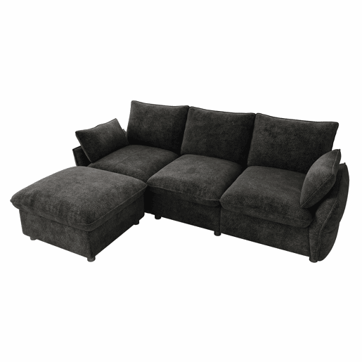 Sofá de canto 222,5 × 154,5 cm - 3 lugares com chaise longue e otomana em chenille para a sala de estar - Cinza escuro Sofá de canto 222,5 × 154,5 cm - 3 lugares com chaise longue e otomana em chenille para a sala de estar - Cinza escuro