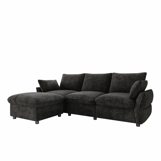 Sofá de canto 222,5 × 154,5 cm - 3 lugares com chaise longue e otomana em chenille para a sala de estar - Cinza escuro Sofá de canto 222,5 × 154,5 cm - 3 lugares com chaise longue e otomana em chenille para a sala de estar - Cinza escuro