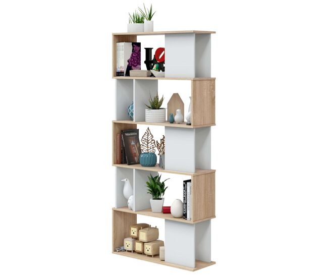 Estantería, Librería Gerp 6 Niveles, para Salón, Estudio Blanco Artik y Roble Canadian