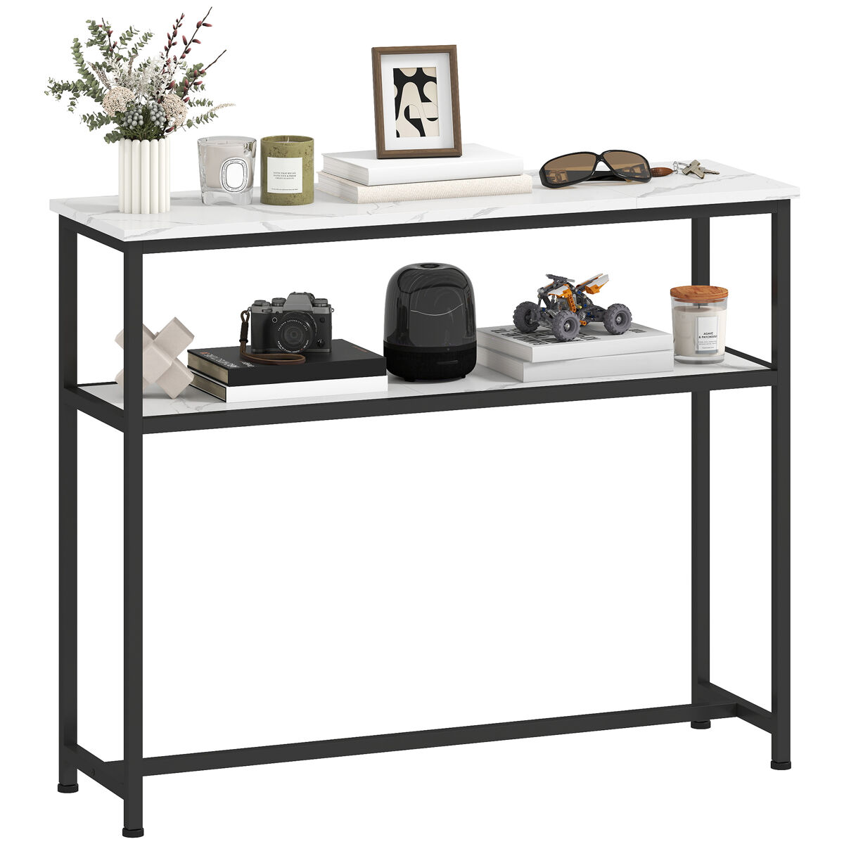 Consola recibidor estrecha con superficie con efecto mármol estante abierto y marco de metal 100x30x81 cm blanco