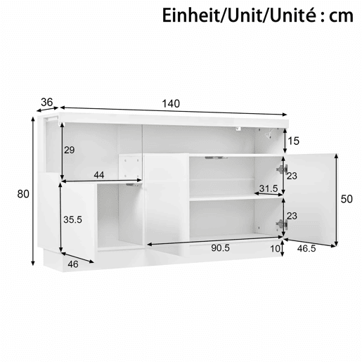 Aparador sem dimensões especificadas - Iluminação LED com controlo por aplicação, compartimentos em acrílico, armário de arrumação para sala de estar, design moderno - Branco