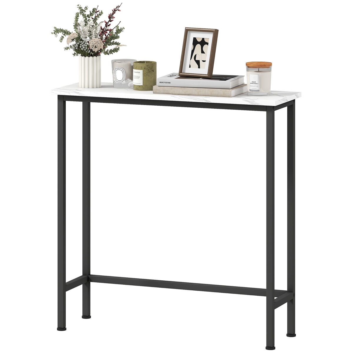 Consola recibidor estrecha con superficie con efecto mármol y marco de metal 75x24x76 cm blanco y negro