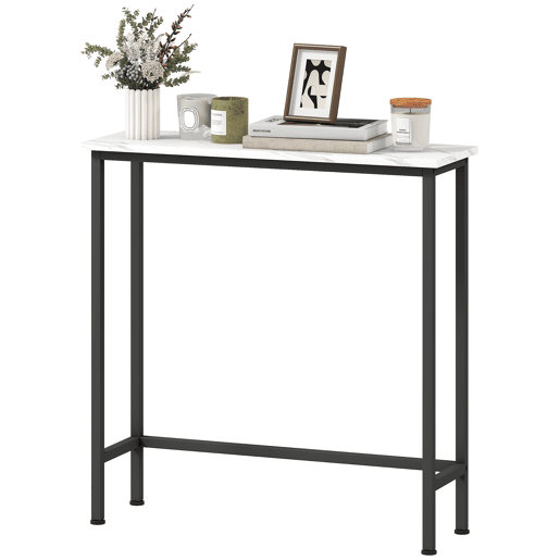 Mesa de consola estreita com superfície com efeito mármore e estrutura metálica, 75x24x76 cm, preta e branca. Mesa de consola estreita com superfície com efeito mármore e estrutura metálica, 75x24x76 cm, preta e branca.