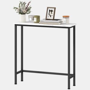 Mesa de consola estreita com superfície com efeito mármore e estrutura metálica, 75x24x76 cm, preta e branca.