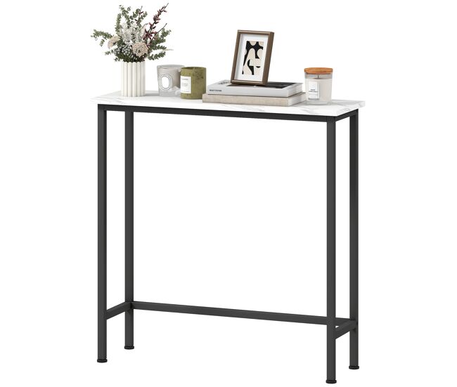 Consola recibidor estrecha con superficie con efecto mármol y marco de metal 75x24x76 cm blanco y negro