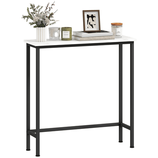 Mesa de consola estreita com superfície com efeito mármore e estrutura metálica, 75x24x76 cm, preta e branca. Mesa de consola estreita com superfície com efeito mármore e estrutura metálica, 75x24x76 cm, preta e branca.