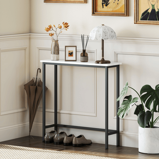 Mesa de consola estreita com superfície com efeito mármore e estrutura metálica, 75x24x76 cm, preta e branca. Mesa de consola estreita com superfície com efeito mármore e estrutura metálica, 75x24x76 cm, preta e branca.