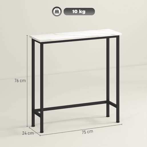 Mesa de consola estreita com superfície com efeito mármore e estrutura metálica, 75x24x76 cm, preta e branca. Mesa de consola estreita com superfície com efeito mármore e estrutura metálica, 75x24x76 cm, preta e branca.