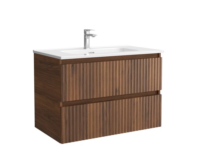 Mueble de baño kira 70cm nogal 2 cajones + lavabo 1 poza porcelana