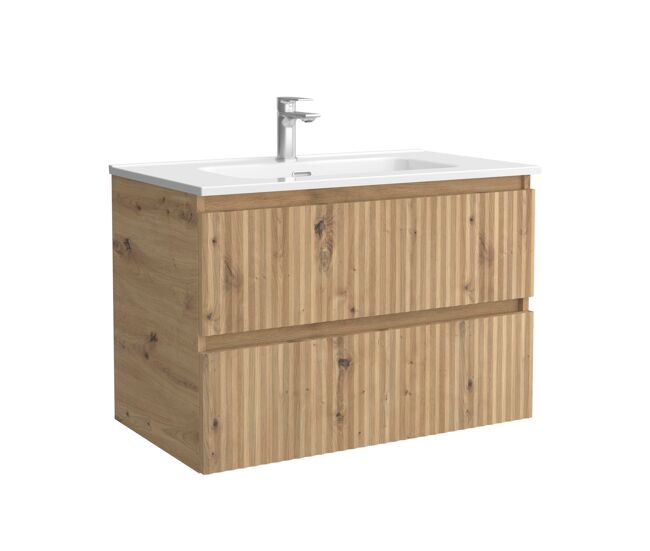 Mueble de baño kira 70cm roble 2 cajones + lavabo 1 poza porcelana