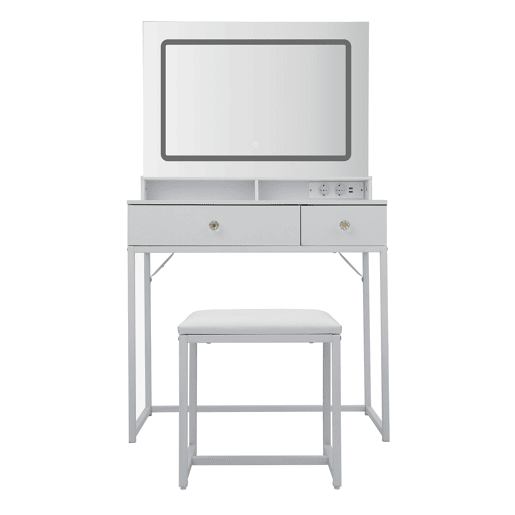 Toucador com espelho LED quadrado 3 modos de iluminação, banco acolchoado, 2 gavetas e espaço de arrumação para quarto e closet estilo moderno