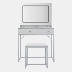 Toucador com espelho LED quadrado 3 modos de iluminação, banco acolchoado, 2 gavetas e espaço de arrumação para quarto e closet estilo moderno
