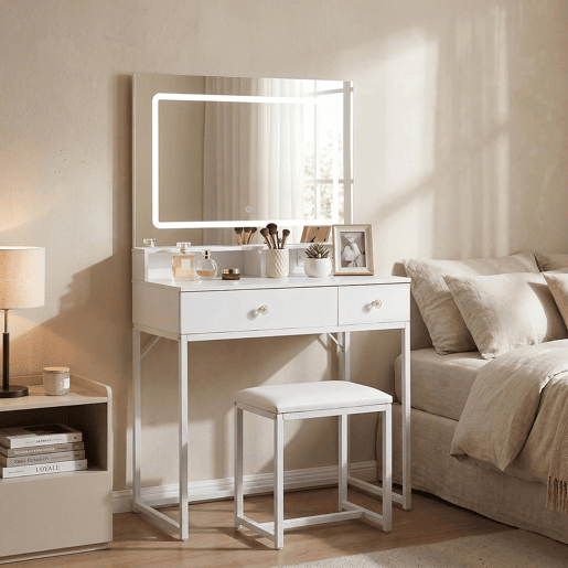 Toucador com espelho LED quadrado 3 modos de iluminação, banco acolchoado, 2 gavetas e espaço de arrumação para quarto e closet estilo moderno