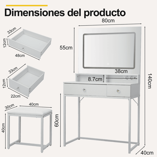 Toucador com espelho LED quadrado 3 modos de iluminação, banco acolchoado, 2 gavetas e espaço de arrumação para quarto e closet estilo moderno