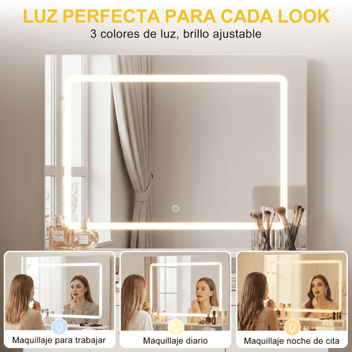 Toucador com espelho LED quadrado 3 modos de iluminação, banco acolchoado, 2 gavetas e espaço de arrumação para quarto e closet estilo moderno