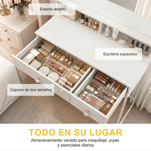 Toucador com espelho LED quadrado 3 modos de iluminação, banco acolchoado, 2 gavetas e espaço de arrumação para quarto e closet estilo moderno