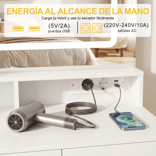 Toucador com espelho LED quadrado 3 modos de iluminação, banco acolchoado, 2 gavetas e espaço de arrumação para quarto e closet estilo moderno